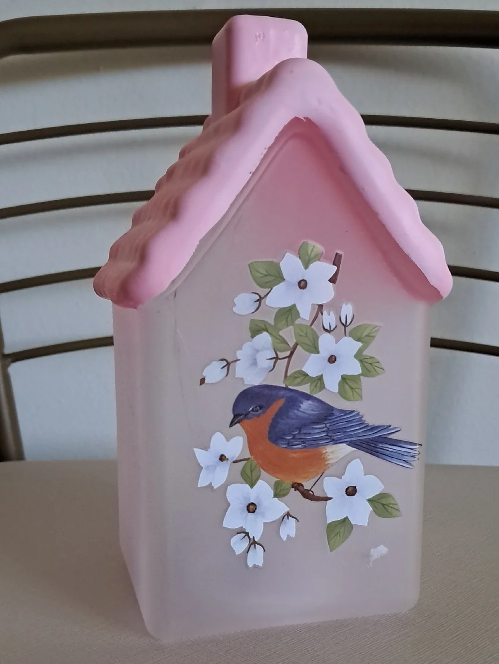 Pink Floral Birdhouse Accent Lantern with Hand-Painted Bird
